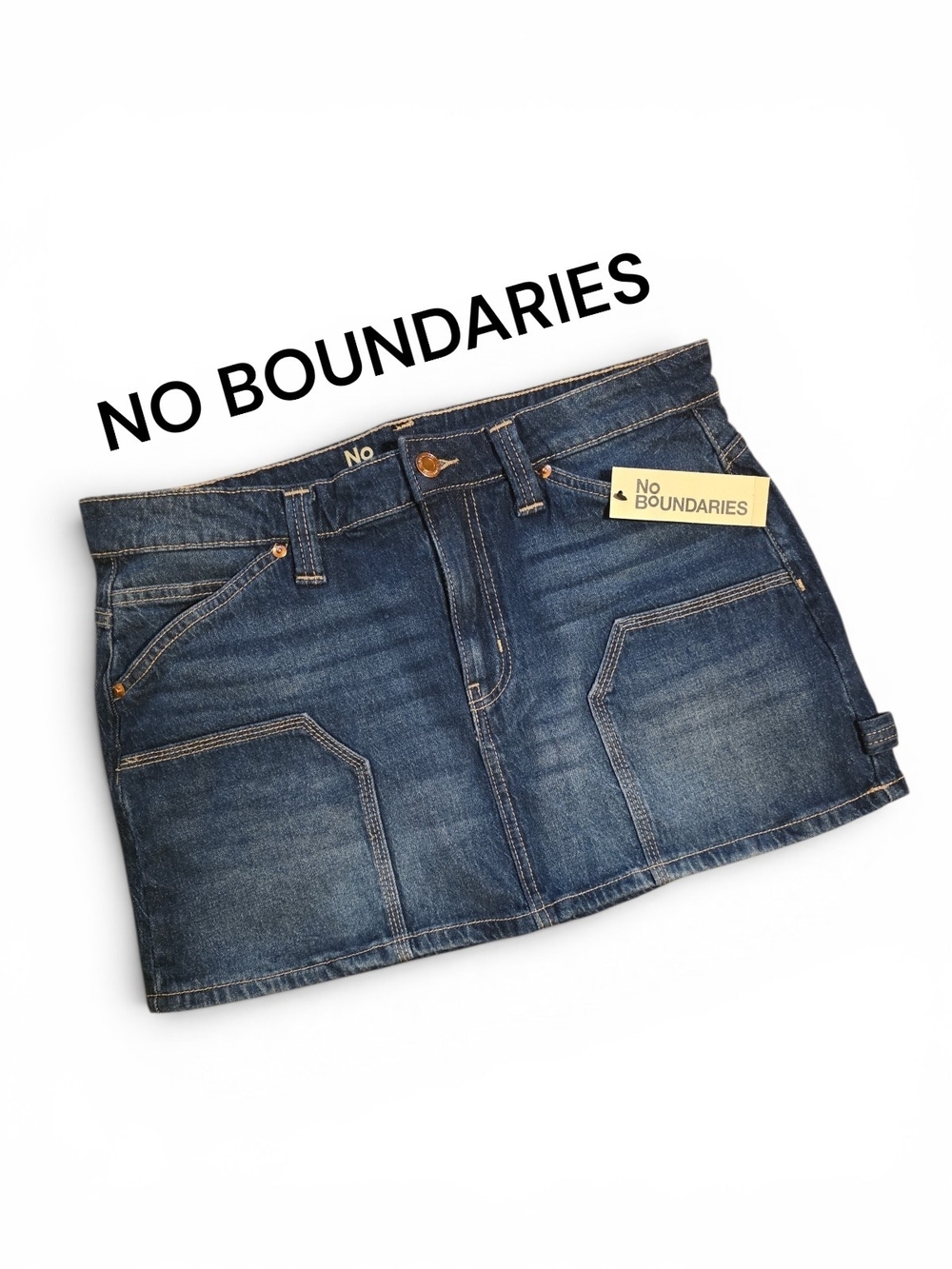 No Boundaries Blue Denim Mini Skirt with Front Patch Pockets Size: M